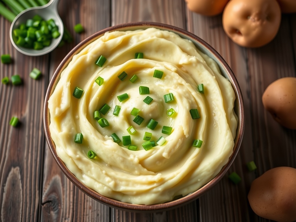 Creamy Garlic Green Onions Mashed Potatoes Recipe Creamy garlic green onions mashed potatoes in a bowl, garnished with green onions, on a rustic wooden table.
